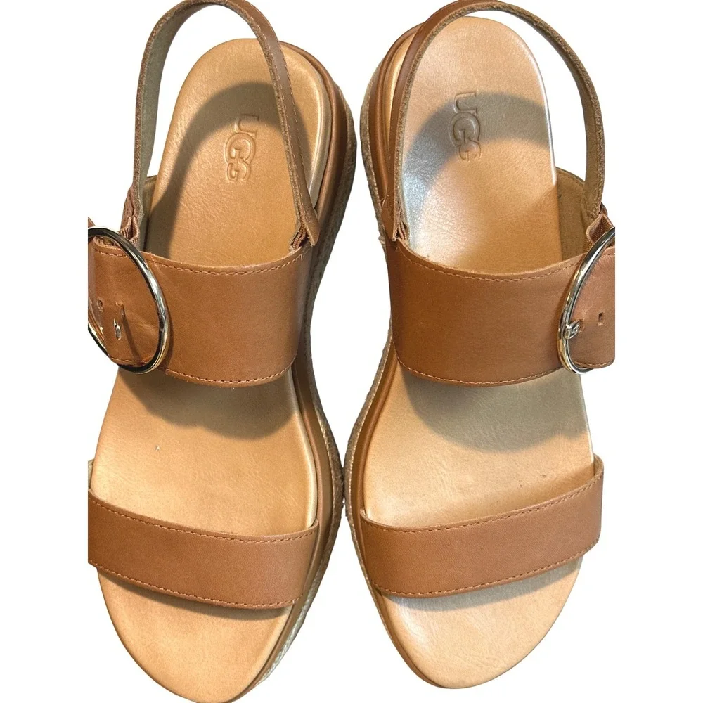 UGG W April Platform Espadrille Leather Sandals Tan Women's Size 8 Coastal